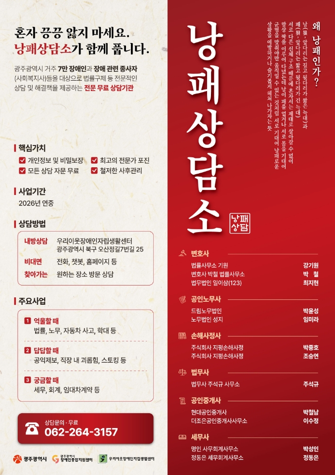 낭패상담소(낭패상담)

왜 낭패인가?
낭(狼 - 앞다리는 길고 뒷다리가 짧은 늑대)과
패(狽 - 앞다리는 짧고 뒷다리가 긴 늑대)
서로 다른 신체 구조 때문에 혼자서는 제대로 살아갈 수 없어
항상 짝을 이루어 다녔는데 낭이 패를 업거나 서로 몸을 기대어
균형을 맞춰야만 움직일 수 있는 것처럼 서로 기대어 낭패로운
상황을 예방하거나 슬기롭게 헤쳐 나가자는 뜻

혼자 끙끙 앓지 마세요. 
낭패상담소가 함께 품니다.
광주광역시 거주 7만 장애인과 장애 관련 종사자(사회복지사)들을 대상으로 법률구제 등 전문적인 상담 및 해결책을 제공하는 전문 무료 상담기관

○ 변호사
- 법률사무소 기원 : 강기원
- 변호사 박철 법률사무소 : 박철
- 법무법인 일이삼(123) : 최지현
○ 공인노무사
- 드림노무법인 :  박윤성
- 노무법인 성지 : 임미라
○ 손해사정사
- 주식회사 지평손해사정 : 박종호
- 주식회사 지평손해사정 : 조승연
○ 법무사
- 법무사 주석규 사무소 : 주석규
○ 공인중개사
- 현대공인중개사 : 박철남
- 더조은공인중개사사무소 : 이수정
○ 세무사
- 명인 사무회계사무소 : 박성인
- 정동은 세무회계사무소 : 정동은

○ 핵심가치
- 개인정보 및 비밀보장
- 최고의 전문가 포진
- 모든 상담 자문 무료
- 철저한 사후관리

○ 사업기간 : 2026년 연중

○ 상담방법
- 내방상담 : 우리이웃장애인자립생활센터 광주광역시 북구 오산점길 7번길 25
- 비대면 : 전화, 챗봇, 홈페이지 등 
- 찾아가는 : 원하는 장소 방문 상담

○ 주요사업
1. 억울할 때
법률, 노무, 자동차 사고, 학대 등
2. 답답할 때 
공익제보, 직장 내 괴롭힘, 스토킹 등
3. 궁금할 때 
세무, 회계, 임대차계약 등

○ 상담문의·무료 : 062-264-3157
○ 주관·지원 : 광주광역시, 광주광역시장애인종합지원센터, 우리이웃장애인자립지원센터